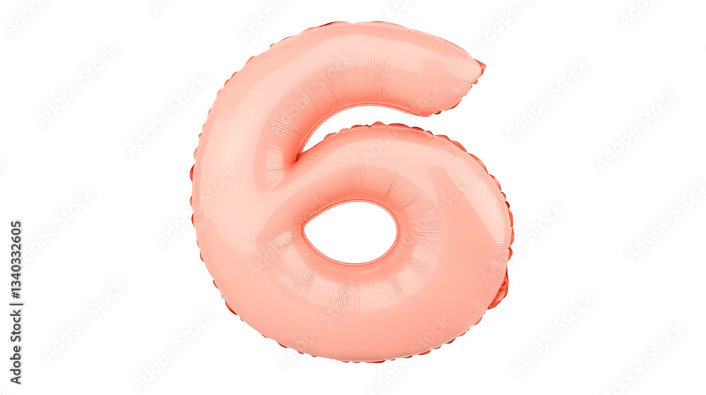 Fototapete a floating reflective metallic pink foil balloon in the shape of the number 6 with a smooth glossy f
