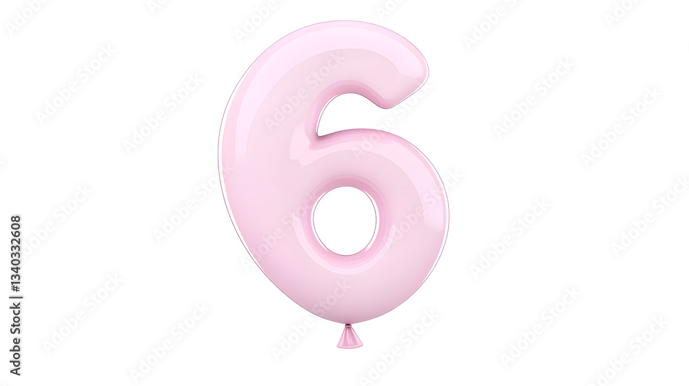 Poster A 3D rendering of a smooth shiny pink number 6 foil balloon with a soft shadow effect floating elegantly against a transparent background