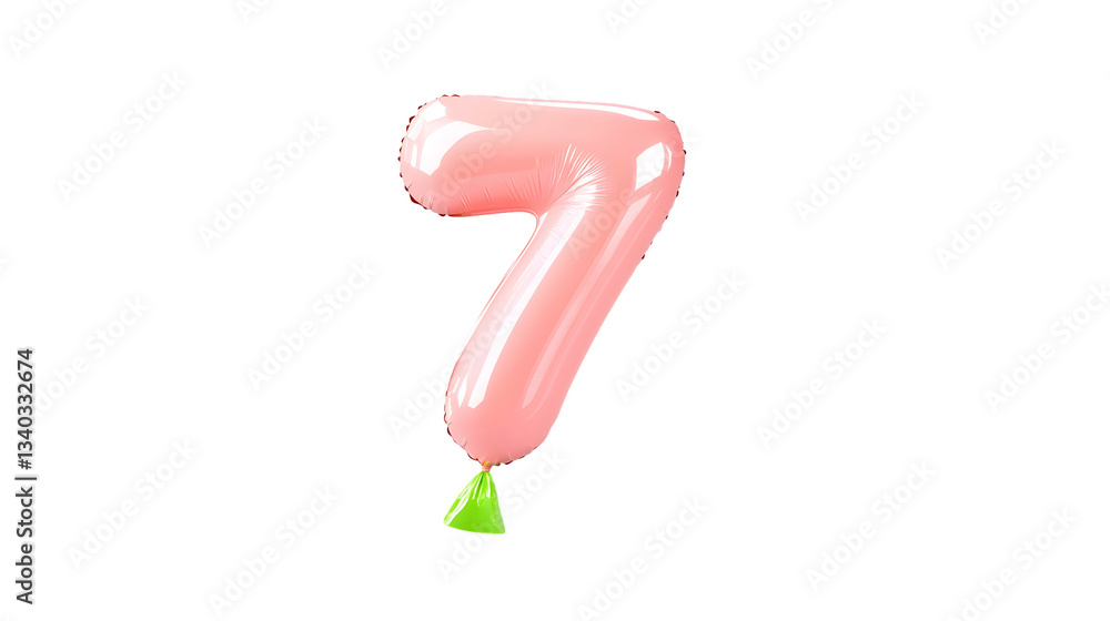 Poster a shiny reflective pink foil balloon shaped as the number 7 floating independently against a plain b