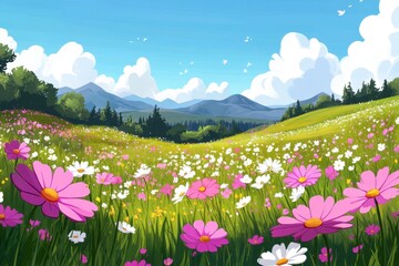 Obraz premium Vibrant floral meadow under a serene blue sky with fluffy clouds and distant mountains creating a peaceful landscape
