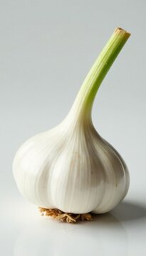 Close-up of single garlic bulb with green stem on white surface , onion, ingredient