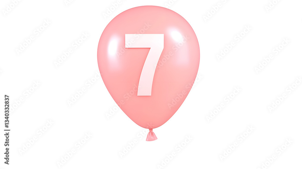 Poster A floating highly reflective pink foil balloon in the shape of the number 7 with a smooth 3D effect and soft lighting against a transparent background