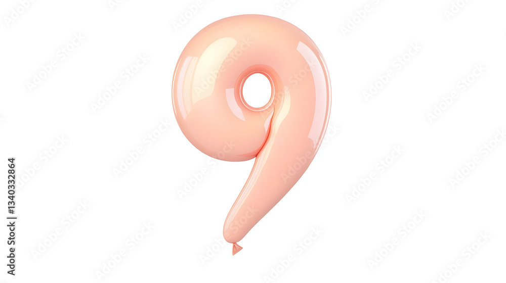 Poster A vibrant shiny pink foil balloon shaped like the number 9 floating independently against a clean transparent background creating a 3D effect with soft highlights and shadows