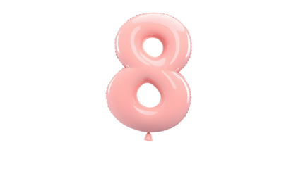 Elegant and vibrant shiny pink foil balloon in the shape of the number 8 floating effortlessly against a clean white backdrop with a soft reflective metallic surface
