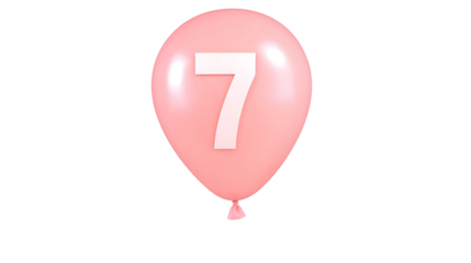 A floating highly reflective pink foil balloon in the shape of the number 7 with a smooth 3D effect and soft lighting against a transparent background