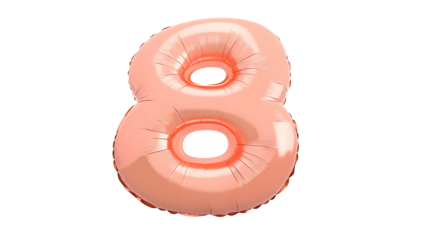 A vibrant inflated pink foil balloon in the shape of the number 8 suspended against a transparent background with soft highlights and shadows creating a 3D effect