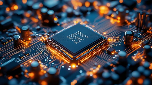 Innovative Blue Circuit Board Closeup: Microprocessor Technology & Electronics with Glowing Digital Network Signals