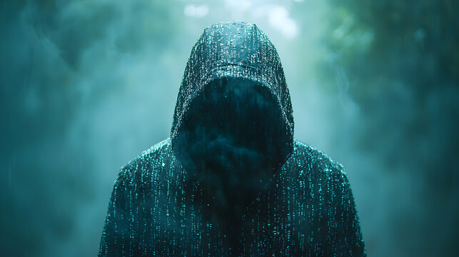 "Man standing in rain with binary code in modern night scene"