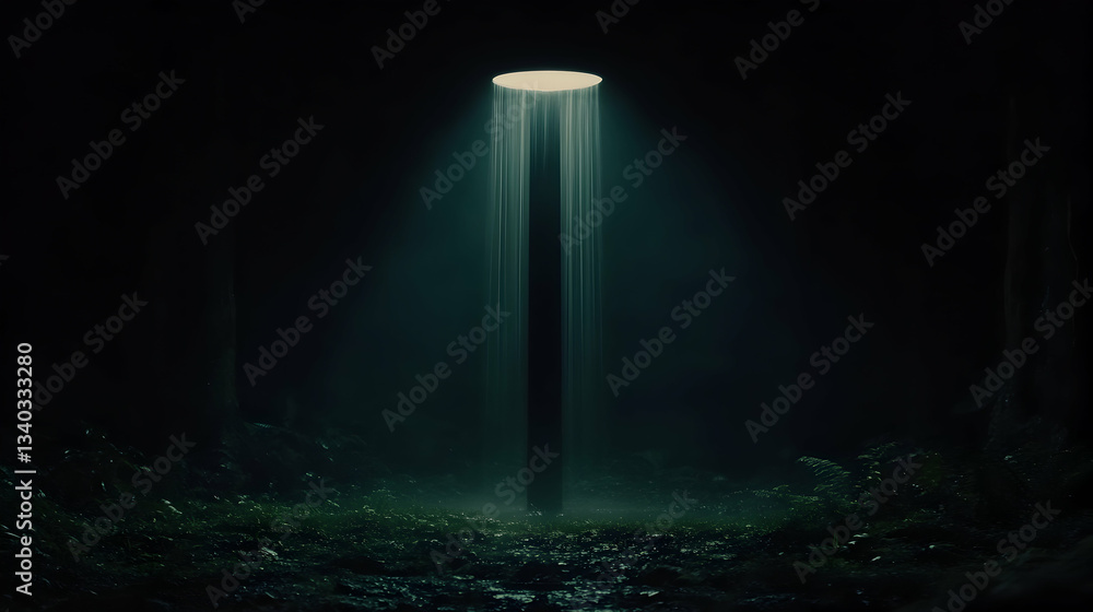 Poster eerie nighttime scene of a single light illuminating a dark forest path, creating a mysterious and a