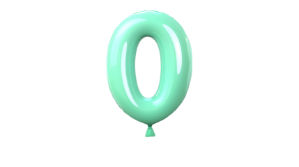 A mint green translucent balloon in the shape of the number 0 is floating gracefully on a clean transparent background creating a simple and elegant visual display