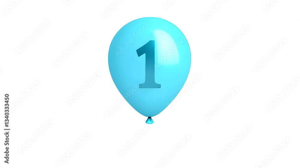 Fototapete a glossy blue metallic balloon in the shape of the number 1 with smooth curves and reflections isola