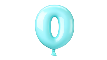A beautifully inflated blue foil balloon in the shape of the number 0 with helium filled curves and a glossy reflective surface isolated on a transparent background cutout