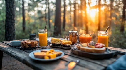 Enjoying a delicious breakfast feast in the forest outdoor dining experience morning serenity