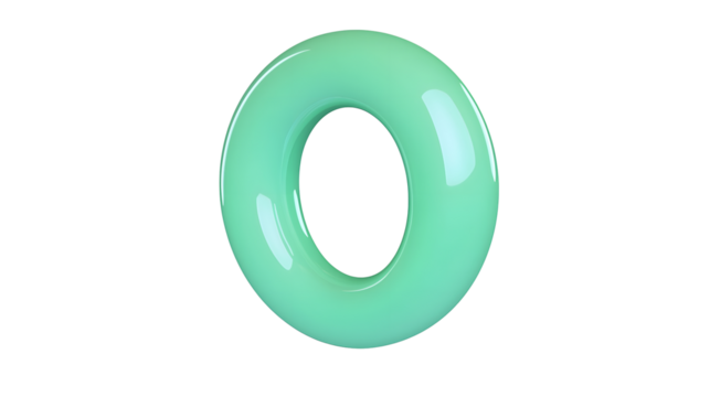 A smooth minimalist green ring shaped object suspended weightlessly against a clean transparent backdrop creating a simple serene and contemporary visual composition