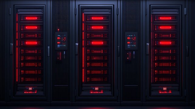 Red-lit server racks in a dark server room.