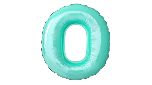 A sleek and shiny teal blue foil balloon in the shape of the number zero with a texture and light reflections isolated on a clean white background