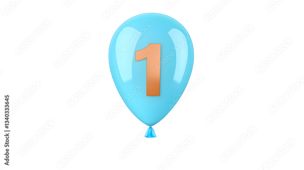 Poster beautifully inflated blue foil balloon in the shape of the number 1 with helium filled curves and gl