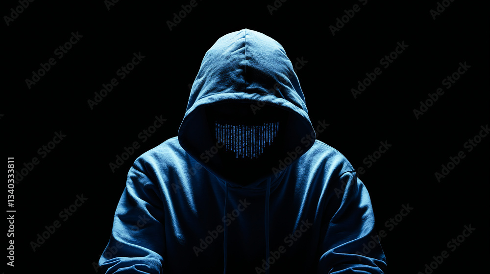 Poster hacker in a blue hoodie with the hood up, sitting at a computer screen displaying code, with a dark 