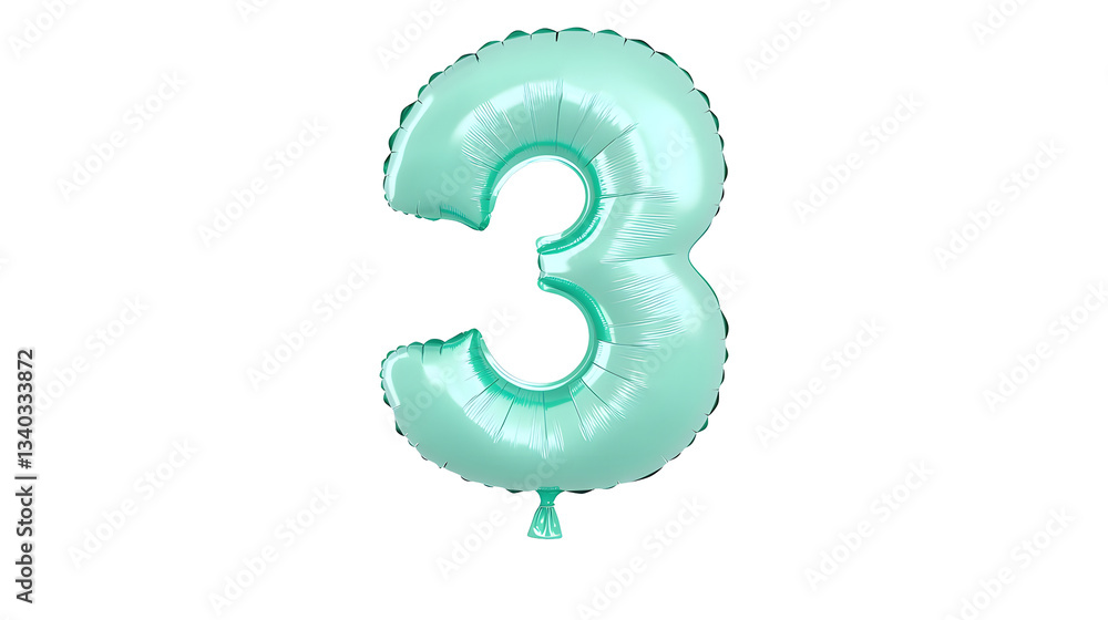 Aufkleber a mint green foil balloon in the shape of the number 3 floating gracefully against a transparent bac