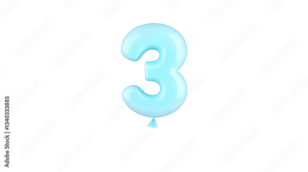 Poster a reflective blue foil balloon in the shape of the number 3 floating gracefully against a transparen