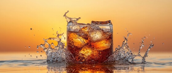 Refreshing cola with ice cubes in glass splashing with water against a warm sunset background beverage photography