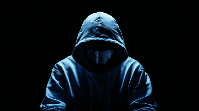 Hacker in a blue hoodie with the hood up, sitting at a computer screen displaying code, with a dark room in the background