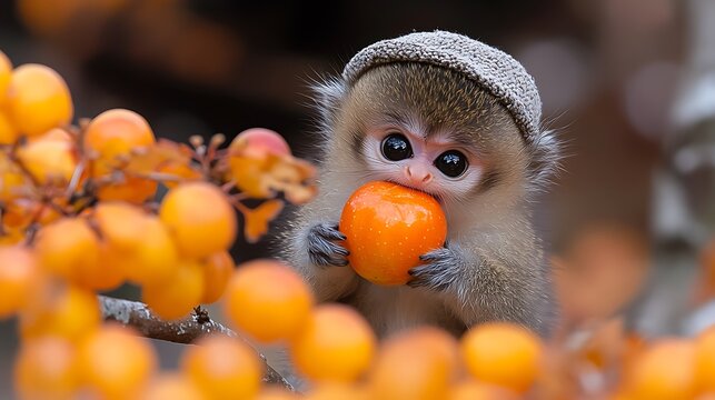 Adorable baby monkey wearing hat eats fruit.