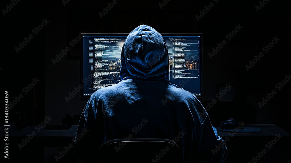 Poster hacker in a blue hoodie with the hood up, sitting at a computer screen displaying code, with a dark 