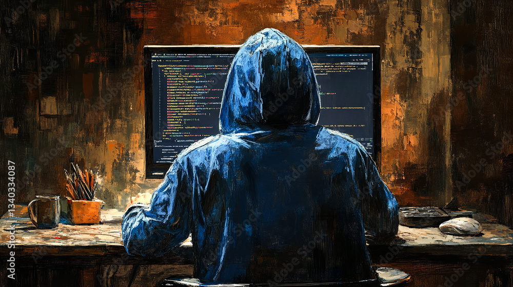 Poster hacker in a blue hoodie with the hood up, sitting at a computer screen displaying code, with a dark 