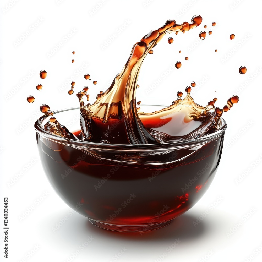 Poster dynamic splash of dark liquid in a clear glass bowl against a pristine white background capturing mo