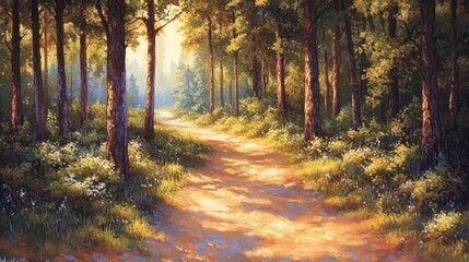 Obraz premium Serene morning walk through lush forest trail tranquil nature digital art vibrant greenery perspective