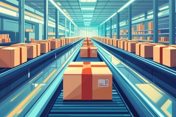 Logistics concept aerial view of efficient package sorting in a modern warehouse