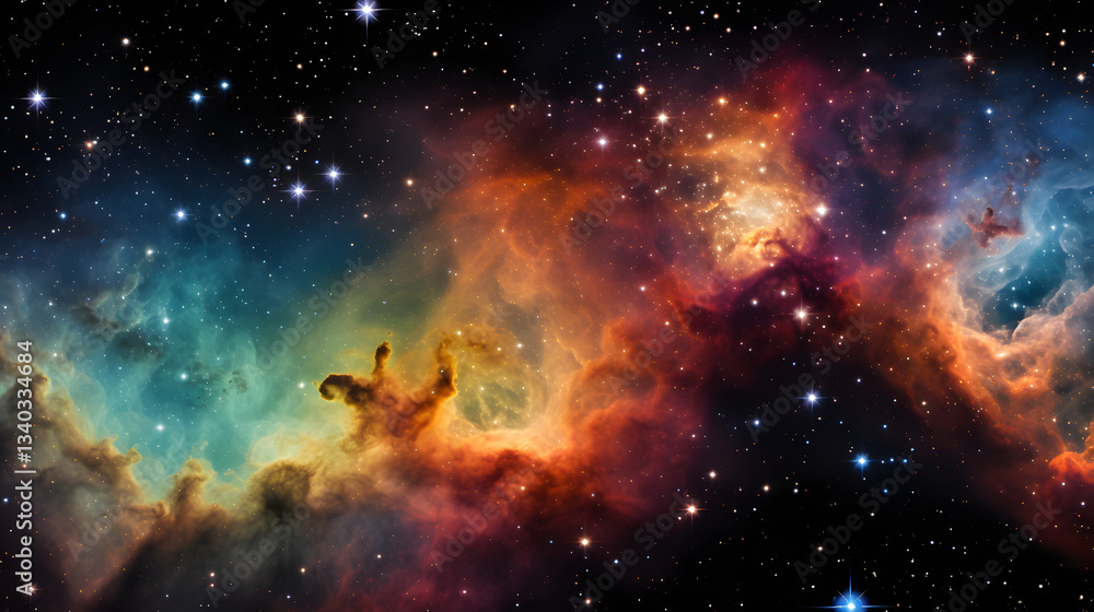 Poster a breathtaking view of a nebula and star cluster illuminating the dark depths of space signifying th