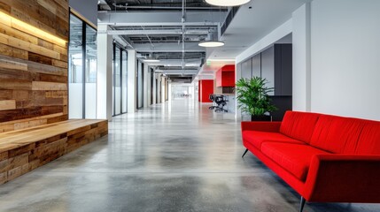Fototapeta premium A spacious and contemporary open plan office interior with natural wood and concrete elements red accent furniture and a welcoming communal atmosphere