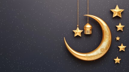 a golden crescent moon adorned with beautiful patterns and a silhouette of a mosque with domes and minarets. Include stars and lanterns hanging around the moon