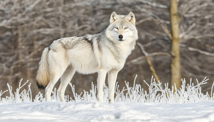 Obraz premium Majestic Arctic wolf standing in a snowy winter landscape, amidst frost-covered bushes. A stunning wildlife scene perfect for nature documentaries or calendars.