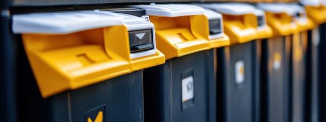 Close-up of multiple yellow and dark-grey containers with white tops and small buttons.