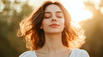 Naklejka premium A serene young woman enjoying the warmth of the sun, embodying tranquility and peace in a natural outdoor setting.