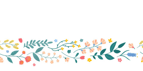 Botanical seamless border colorful wildflowers and leaves elements. Decorative floral, foliage. Hand drawn elements for decor, easter, clipart. Flat vector illustration