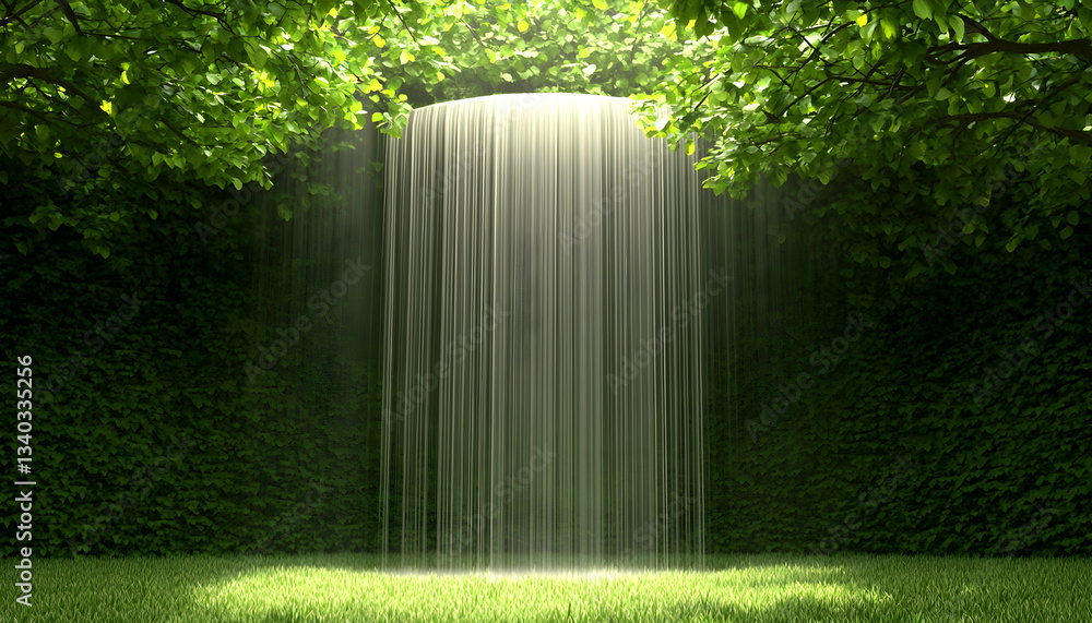 Poster serene waterfall cascading through lush greenery, creating a tranquil and mystical scene. ideal for 