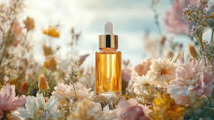 Transparent Serum Bottle with Dropper Surrounded by Flowers