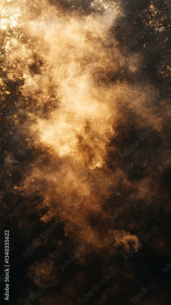 Poster ethereal golden smoke rising in the darkness creating a mystical atmosphere with a dreamy quality ab
