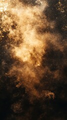 Ethereal golden smoke rising in the darkness creating a mystical atmosphere with a dreamy quality abstract background with a sense of wonder and magic