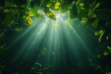 Sunlight filters through underwater jungle canopy