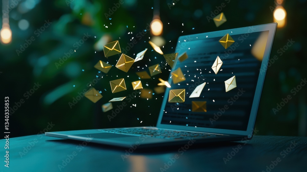 Poster a laptop screen displaying a dynamic digital scene with flying envelopes and glowing sparkling effec