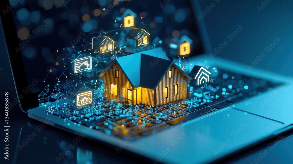 Poster a laptop displaying a holographic projection of a smart home with various digital icons representing