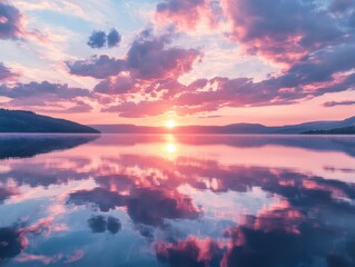 Tranquil lake reflects vibrant sunset sky with pink clouds and distant mountains in serene landscape