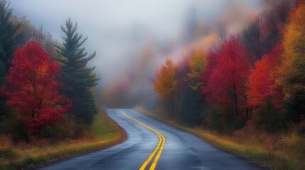 Fototapeta premium Winding road through vibrant autumn foliage scenic landscape tranquil environment serene viewpoint