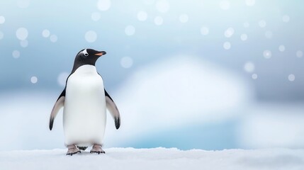 Fototapeta premium A solitary penguin stands on a snow-covered landscape, embodying resilience in a serene and cold environment.