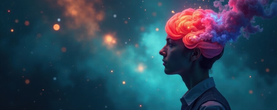 contemplative figure with floating thought bubble above head, thought bubble, pensive